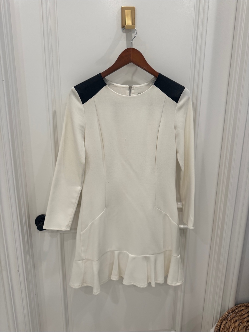Sandro White Long-Sleeve Dress with Black Shoulder Panels